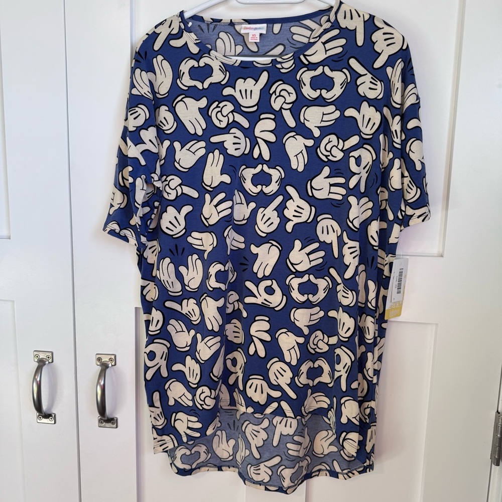 NWT LuLaRoe Irma Tunic‎ Top Blue & Beige Disney Mouse Hands Women's Size XS New